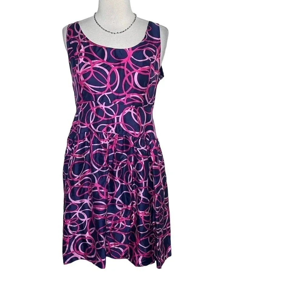 Cynthia Steffe Dress 6 Navy Pink Silk Geometric Circle Sleeveless Fit & Flare